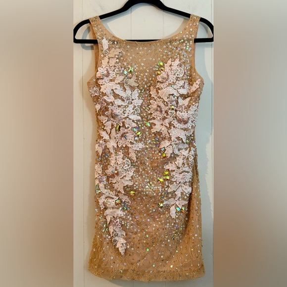Jovani Dresses & Skirts - JOVANI Vintage Tan Floral Embellished Sequin Jeweled Midi Dress, Size 2